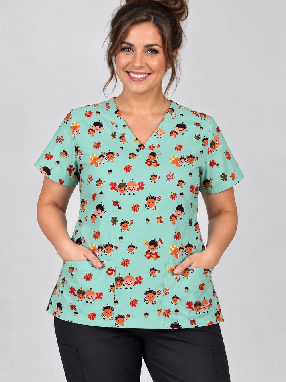 Womenโs Small GT Performance Fall Acorn Print Scrub Top